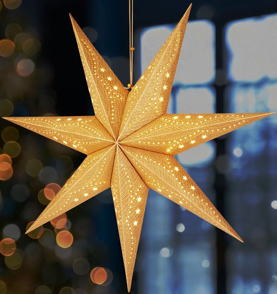 BRUBAKER 3D Hangende Kerstster – Raampapier Ster met E14 Voet – 60 cm Advent Ster met Decopatroon – Kerst Lichtster Set met 3,5 m Kabel – Ophangen – Goud