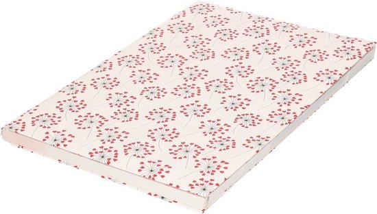 Papier d'emballage rose clair avec un motif répétitif de fleurs de cœur rouges et de fines tiges grises.
