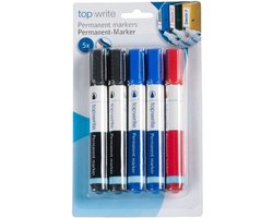 Topwrite Permanente markers - 5x stuks - zwart - blauw - rood - dikke stiften - voor papier en karton