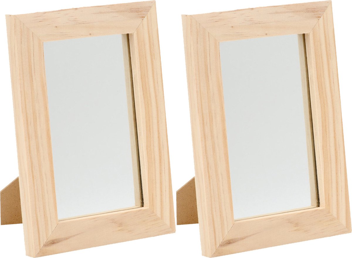 Staande spiegel - 2x - 13,5 x 19,5 cm - hout - blanco - DIY hobby/knutselmateriaal DIY hobby/knutselmateriaal - spiegeltje