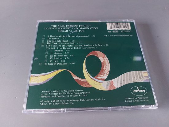 Achterkant CD hoesje met tracklist van The Alan Parsons Project, Tales of Mystery and Imagination.