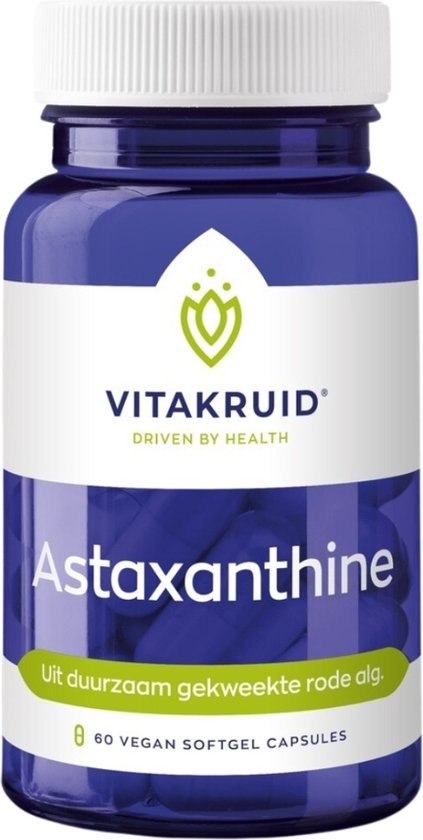 Paarse pot met Astaxanthine. Vitakruid logo en 60 vegan softgel capsules.