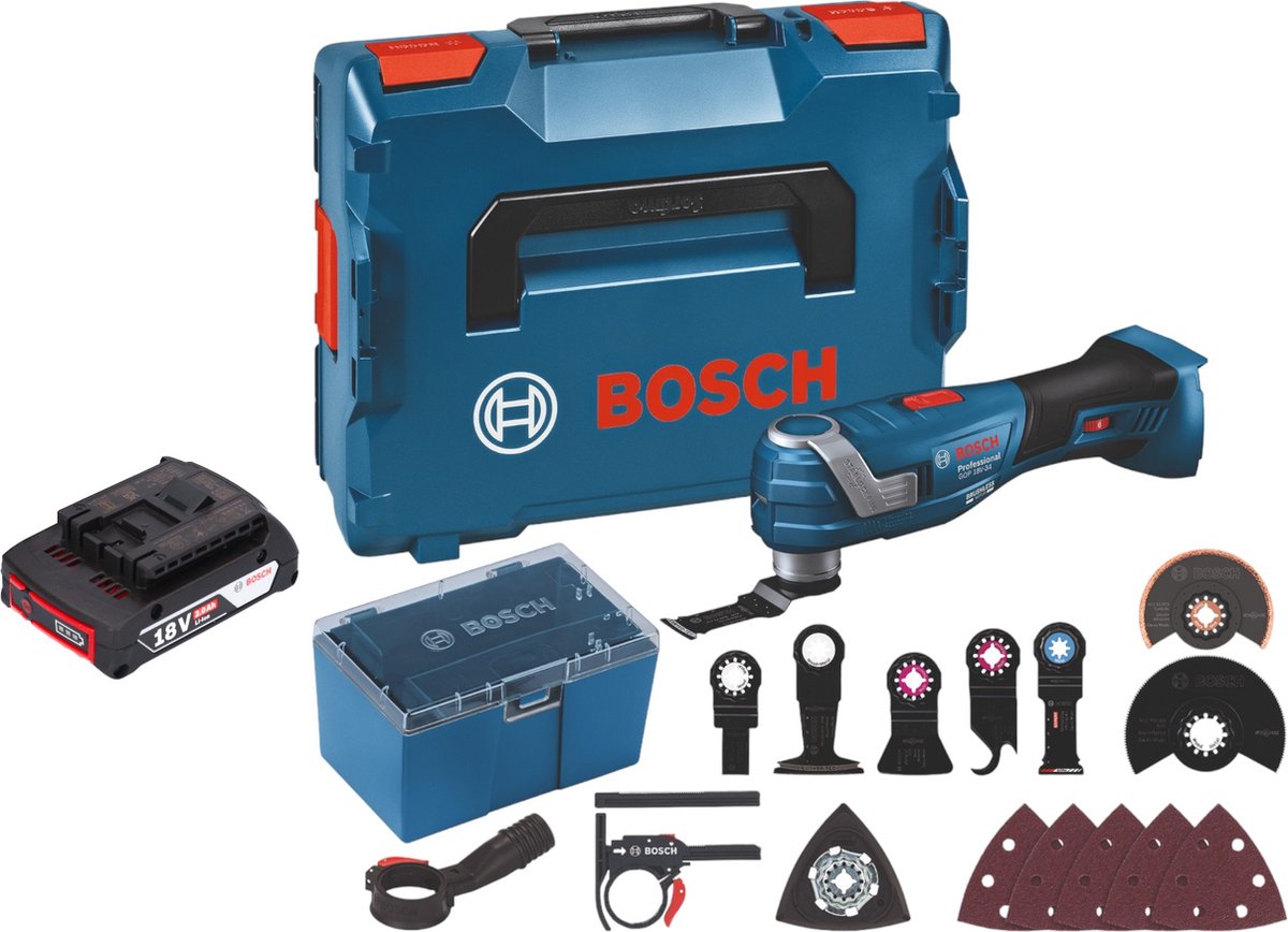 Bosch GOP 18V-34 Profi-snoerloze Multi-Cutter 18 V Starlock Plus + 1x accu 2.0 Ah + 17 accessoires + L-Boxx - zonder lader