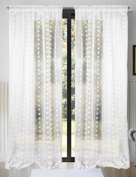 Glow Thuis -Kant en klaar garen vitrage - Met decoratie van witte pluche pompons - klassieke stijl - 145 x 250 cm