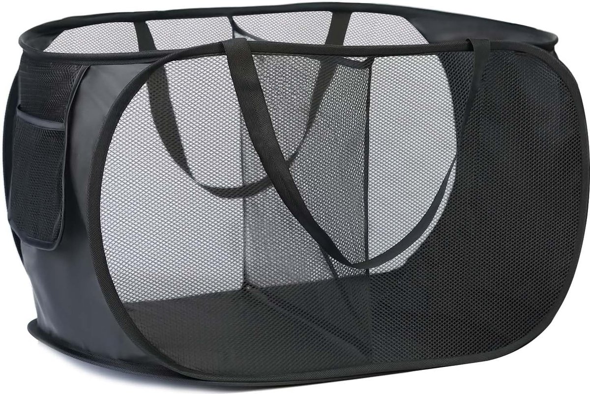 Goedkoopste Wasmand opvouwbaar, opvouwbare wasmand met 2 vakken, pop-up wasmand voor badkamer, slaapkamer, bijkeuken, kinderkamer, hotel en reizen, zwart