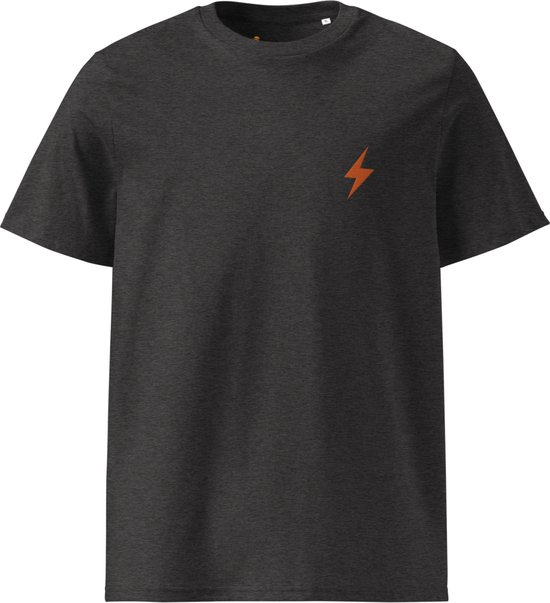 Foto: Lightning symbool bitcoin t shirt oranje geborduurd unisex 100 biologisch katoen kleur grijs maat xl bitcoin cadeau crypto cadeau bitcoin t shirt crypto t shirt bitcoin shirt bitcoin merchandise crypto merch bitcoin kleding