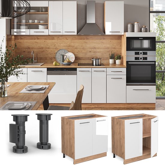 Meuble sous- Cuisine Vicco Fame Line – 80 cm avec étagère, évier en marbre Wit brillant avec étagère, évier en marbre