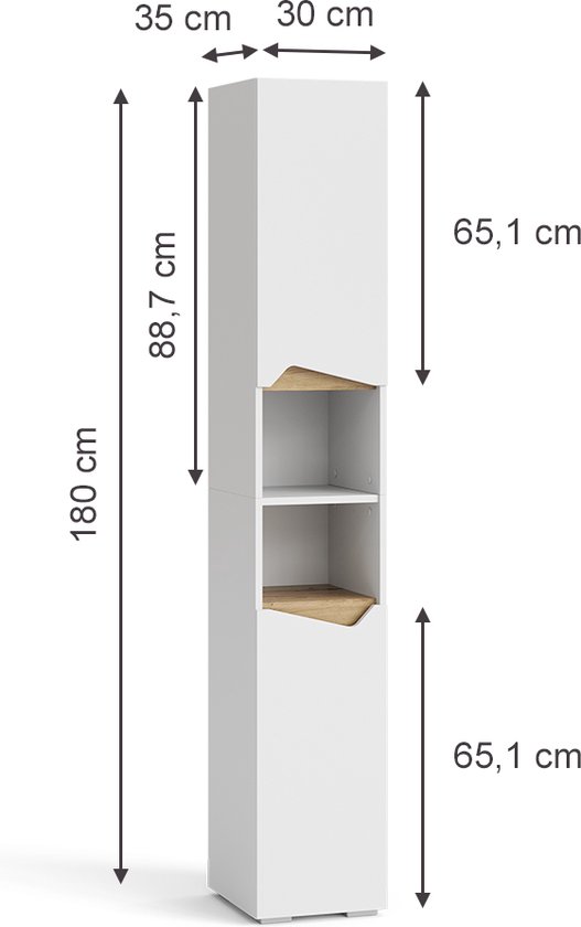 Hoge witte badkamerkast van 30 x 180 cm met open vakken en houten details, inclusief afmetingen.