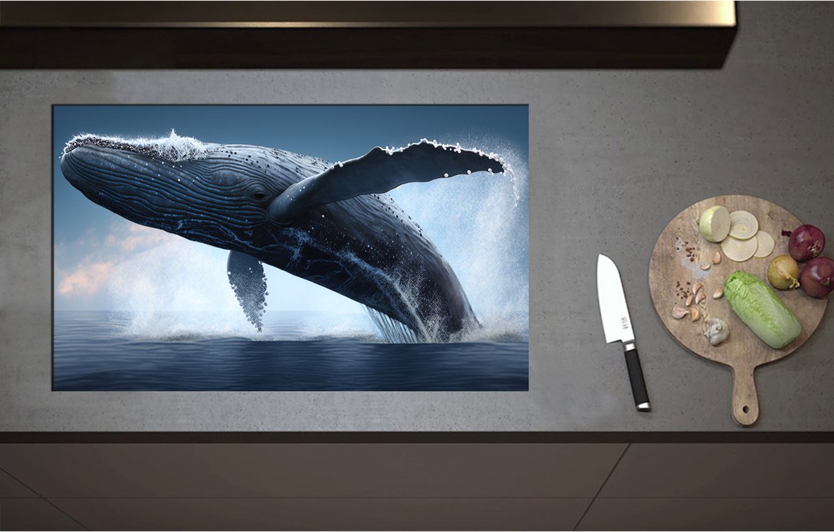 Inductieplaat Beschermer - Bultrug walvis komt boven het zeewater uit met veel spetters om hem heen - 85x52 cm - 2 mm Dik - Inductie Beschermer - Bescherming Inductiekookplaat - Kookplaat Beschermer van Zwart Vinyl