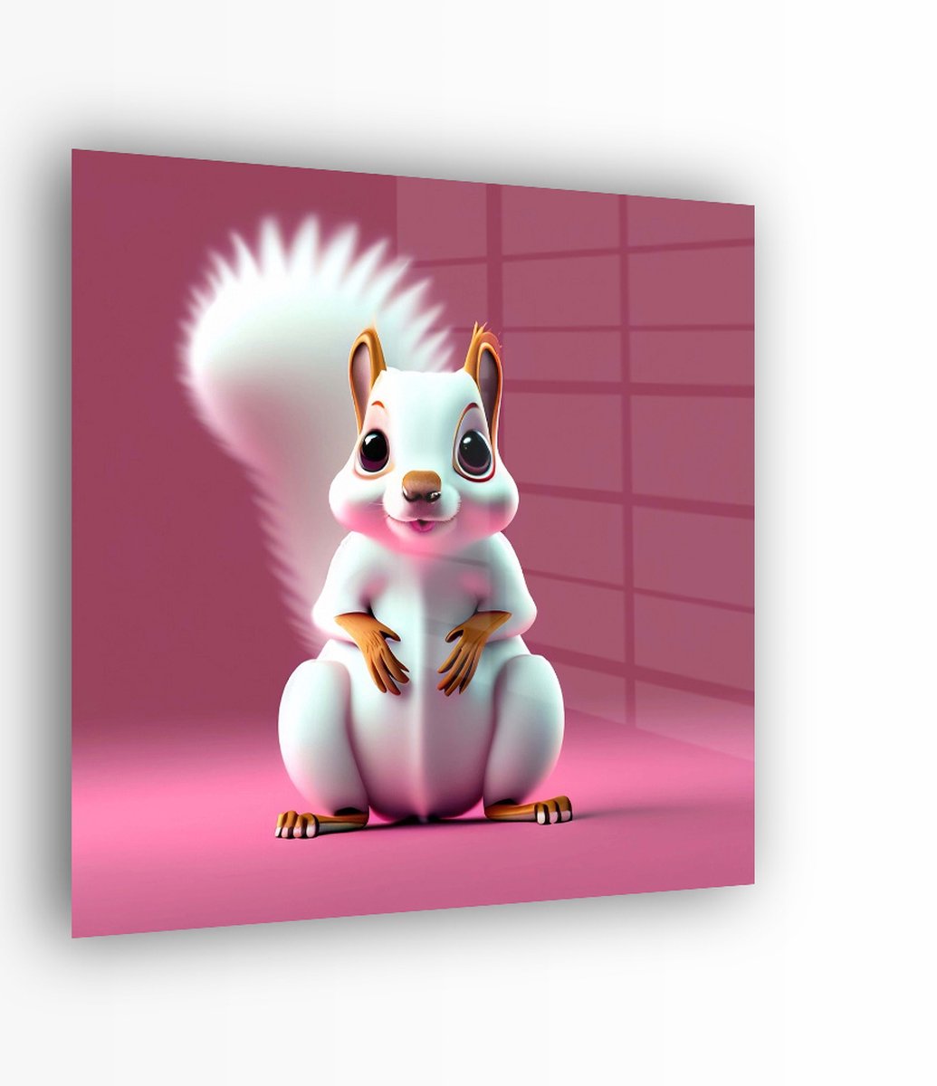 Indoorart Glasschilderij schattige eekhoorn 70x70 CM - Afbeelding op plexiglas - Inclusief montagemateriaal wit, roze, bruin
