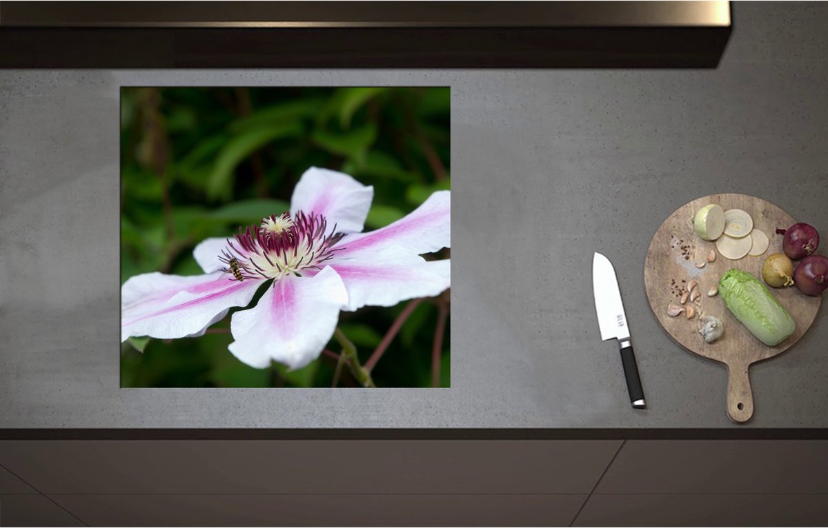 Inductieplaat Beschermer - Clematis Flordie Bloemen in het Wit met Paarse Details - 60x55 cm - 2 mm Dik - Inductie Beschermer - Bescherming Inductiekookplaat - Kookplaat Beschermer van Zwart Vinyl
