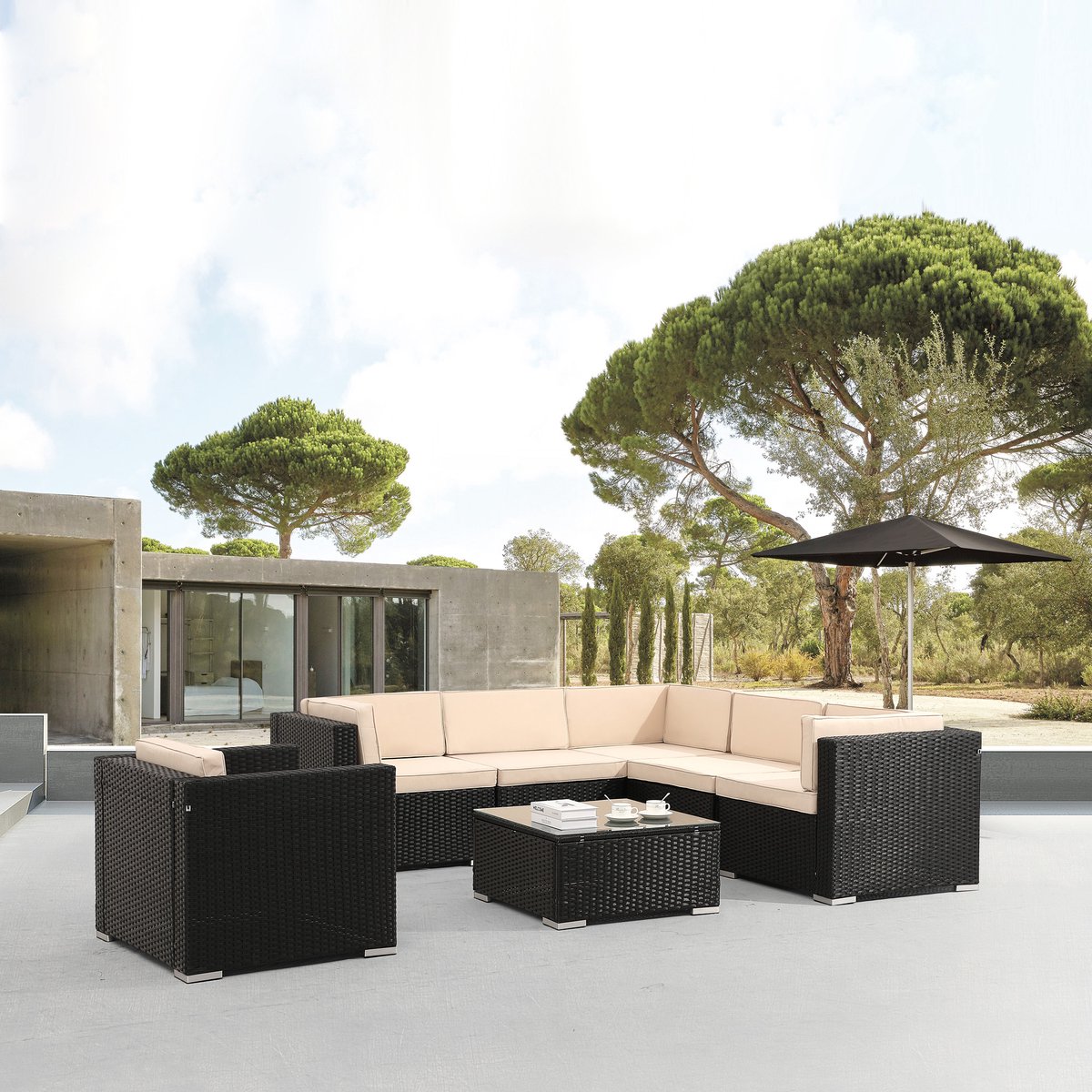 AREBOS - Loungesets - 6 personen - Loungeset Tuinmeubels - Loungeset Balkon - Lounge Set - Incl. zitkussen - UV-bestendig polyrotan - tafel met glasplaat - vrij te combineren