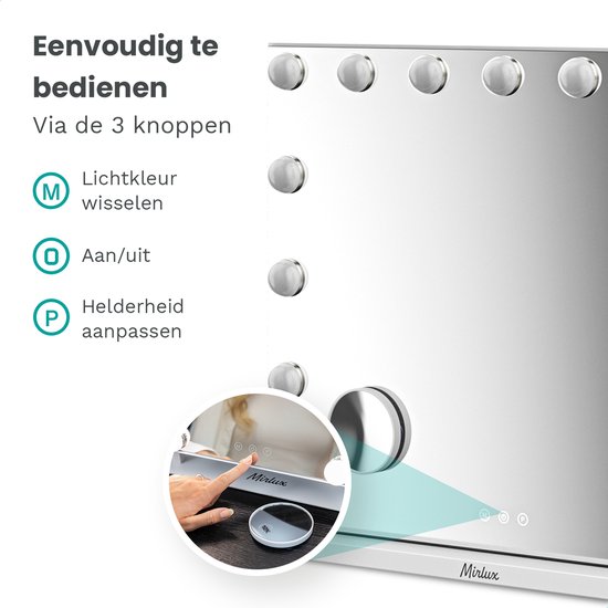 Detail van Mirlux Hollywood spiegel met 3 bedieningsknoppen voor lichtkleur, aan/uit en helderheid.