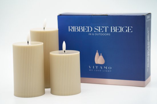 VITAMO In and Outdoors Ribbed Candles Set - LED Kaarsen met Realistische Flikkering - Buitenkaarsen - Ribbel Stompkaarsen voor Binnen en Buiten - Beige (3 Stuks)