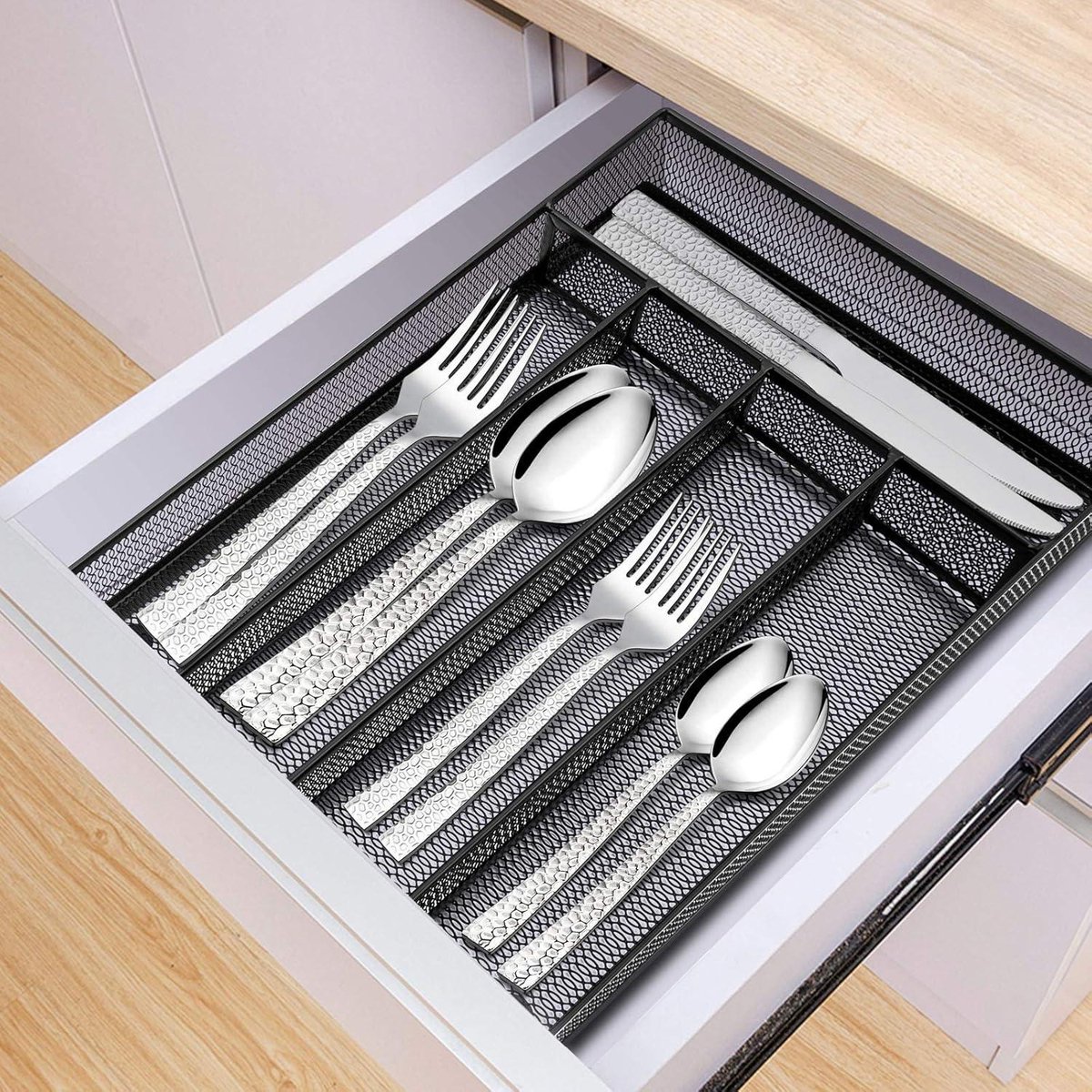 Bestek Organizer Non-Slip Bestekbak 5 Compartimenten Keuken Kantoor Opslag Staal Mesh Zilverwerk Lade Verdeler 318x237x5cm Roestvrij Zwart