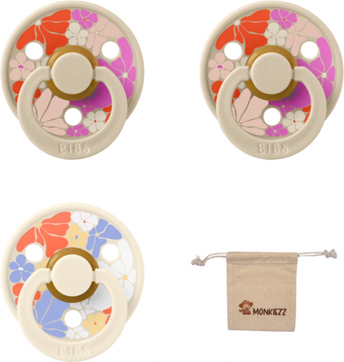 Goedkoopste Bibs studio fopspenen maat 2 (6-18 maanden) Set 3 fopspenen speenzakje - 1x Flower child ivory, 2xFlower child vanilla