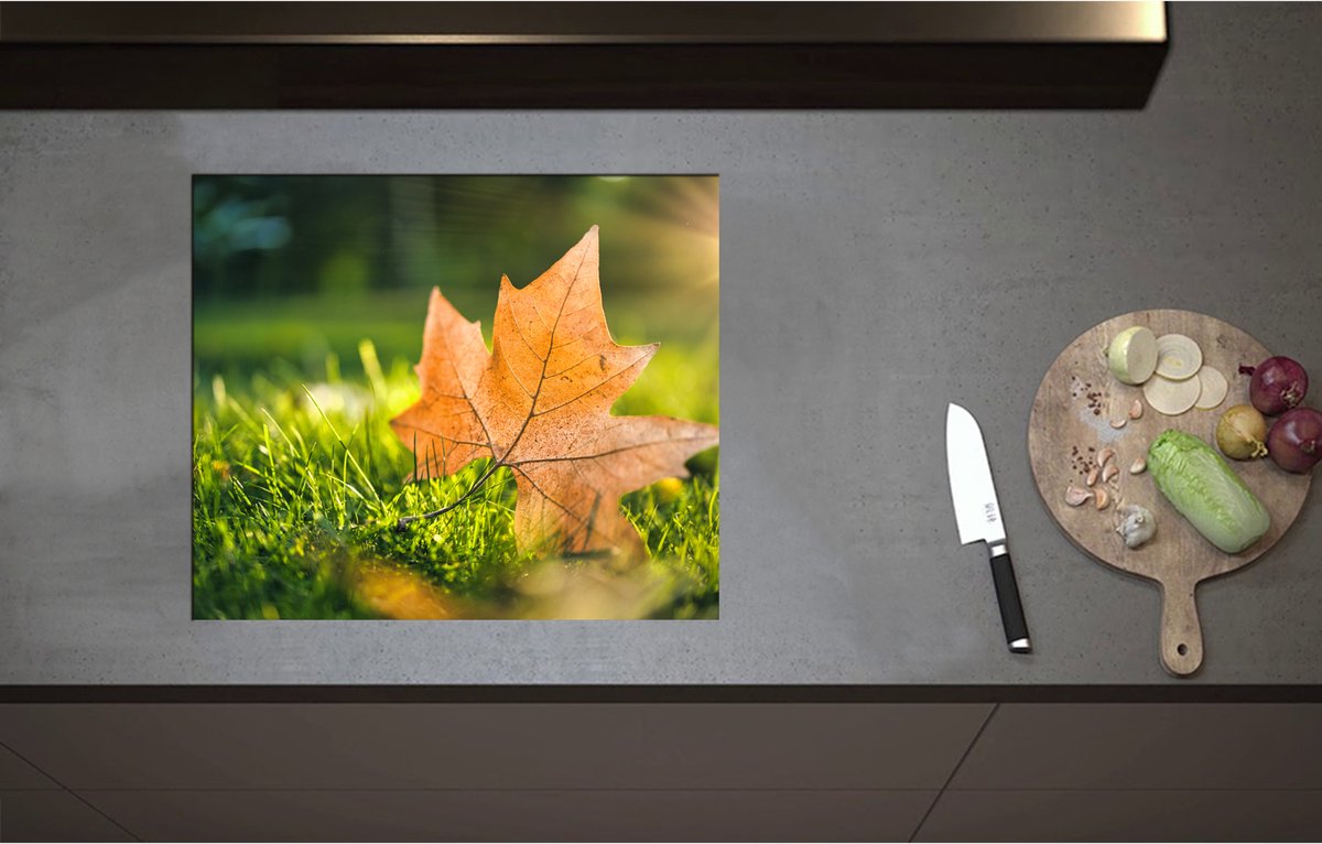 Inductieplaat Beschermer - Bruin Herfstblad op Groen Gras met Zonnestraal - 60x51 cm - 2 mm Dik - Inductie Beschermer - Bescherming Inductiekookplaat - Kookplaat Beschermer van Wit Vinyl