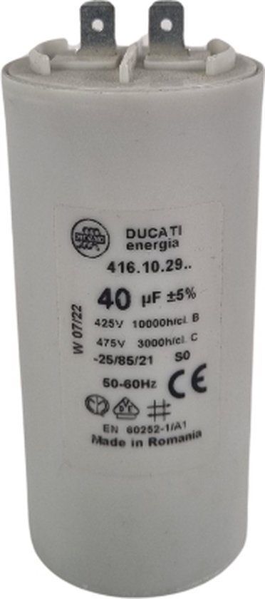 Witte DUCATI energia condensator, 40 µF ±5%, 425V, Made in Romania.