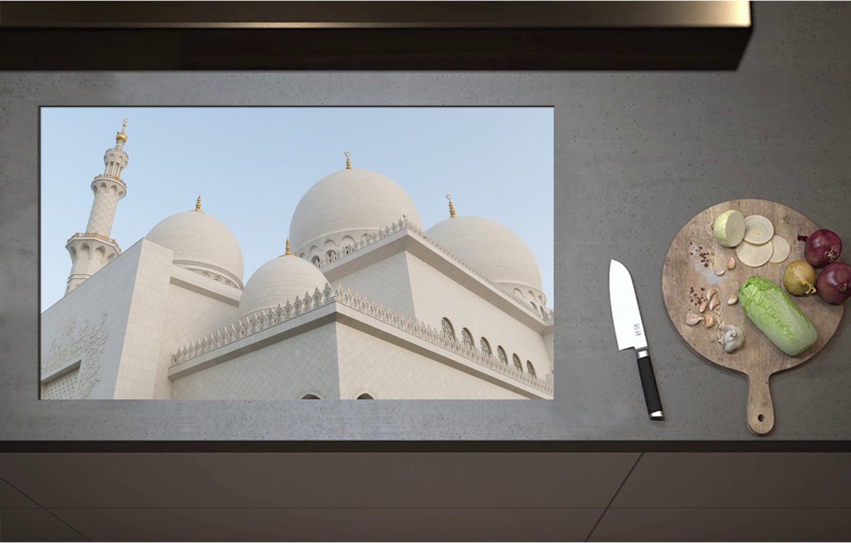 Inductieplaat Beschermer - Bovenkant van Witte Sjeik Zayed Moskee, Abu Dhabi, Verenigde Arabische Emiraten - 90x52 cm - 2 mm Dik - Inductie Beschermer - Bescherming Inductiekookplaat - Kookplaat Beschermer van Zwart Vinyl