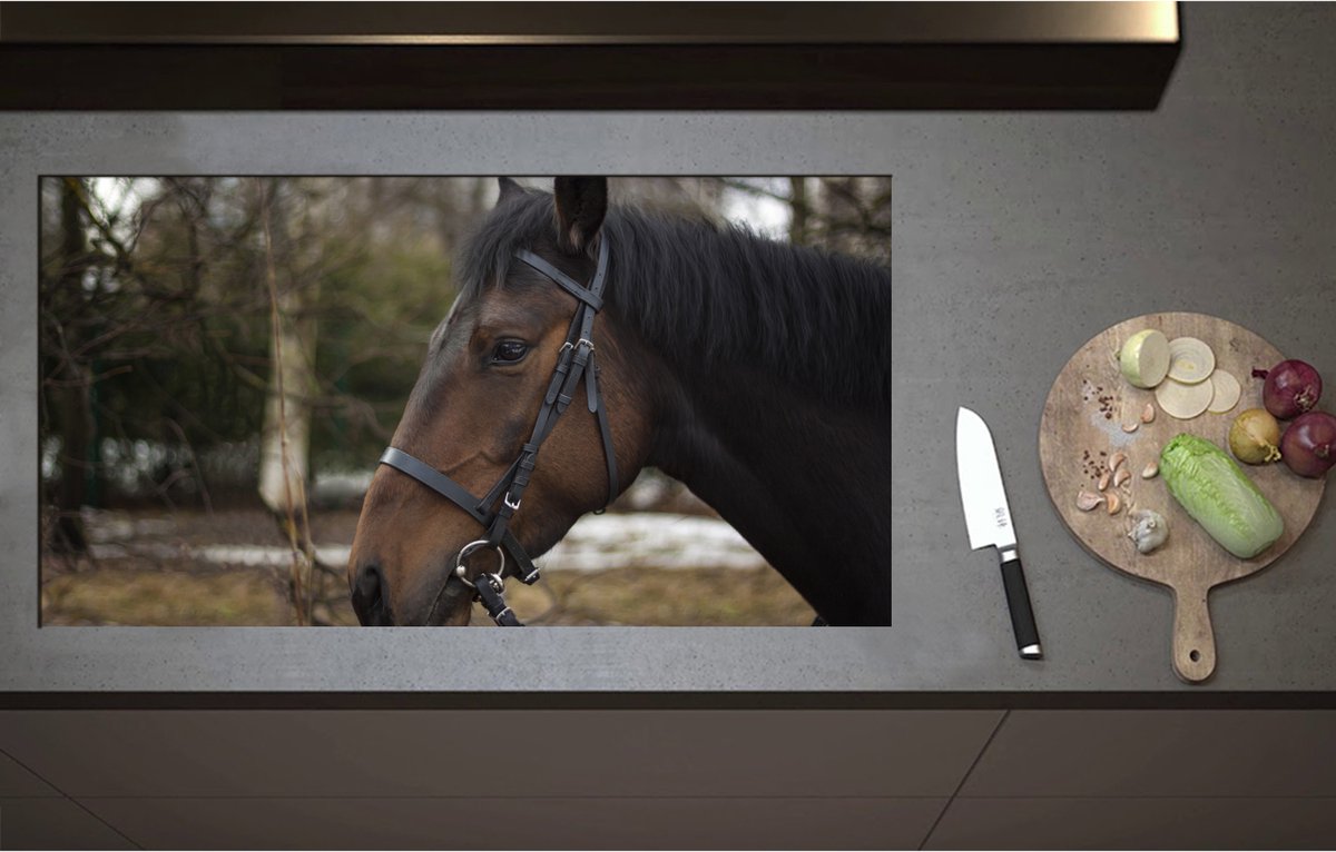 Inductieplaat Beschermer - Bruin paard met halster om buiten - 95x51 cm - 2 mm Dik - Inductie Beschermer - Bescherming Inductiekookplaat - Kookplaat Beschermer van Zwart Vinyl