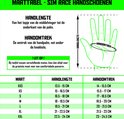 Maattabel voor Tuatara sim race handschoenen met handlengte en handomtrek.