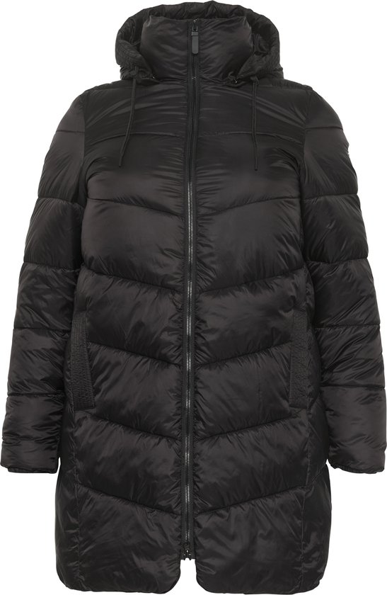 Long manteau matelassé noir à capuche, fermeture éclair et panneaux horizontaux.