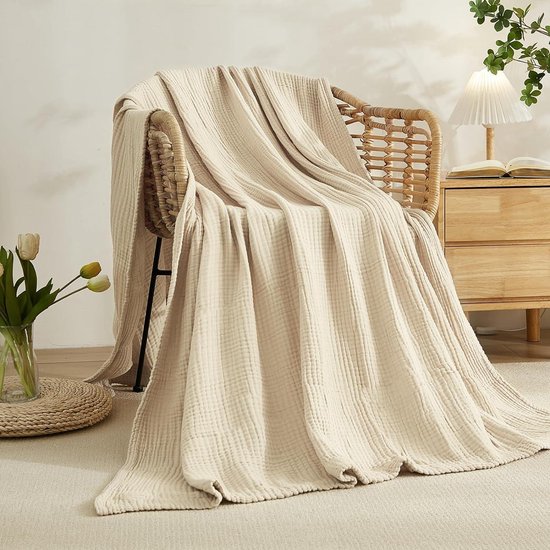 EMME Deken, mousseline, 100% katoen, 6-laags, bed, voor volwassenen en baby's, lichtgewicht, zacht, ademend, alle seizoenen, effen, voorgewassen, gaasdeken, grijs, 140 cm x 190 cm