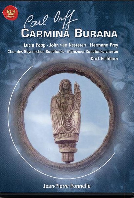 DVD-hoes van Carl Orff's Carmina Burana met een afbeelding van een beeldje in een decoratieve cirkel.