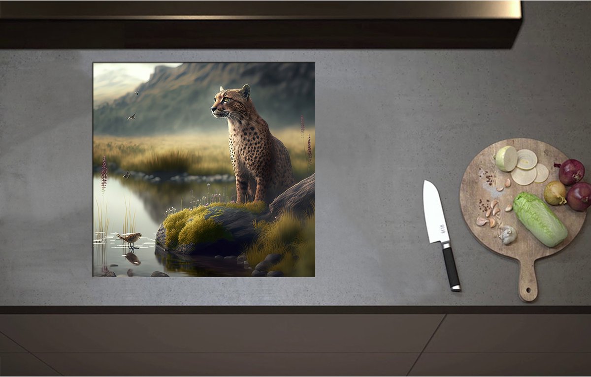 Inductieplaat Beschermer - Cheetah op Rots langs Rivier door Natuurgebied - 57x55 cm - 2 mm Dik - Inductie Beschermer - Bescherming Inductiekookplaat - Kookplaat Beschermer van Wit Vinyl