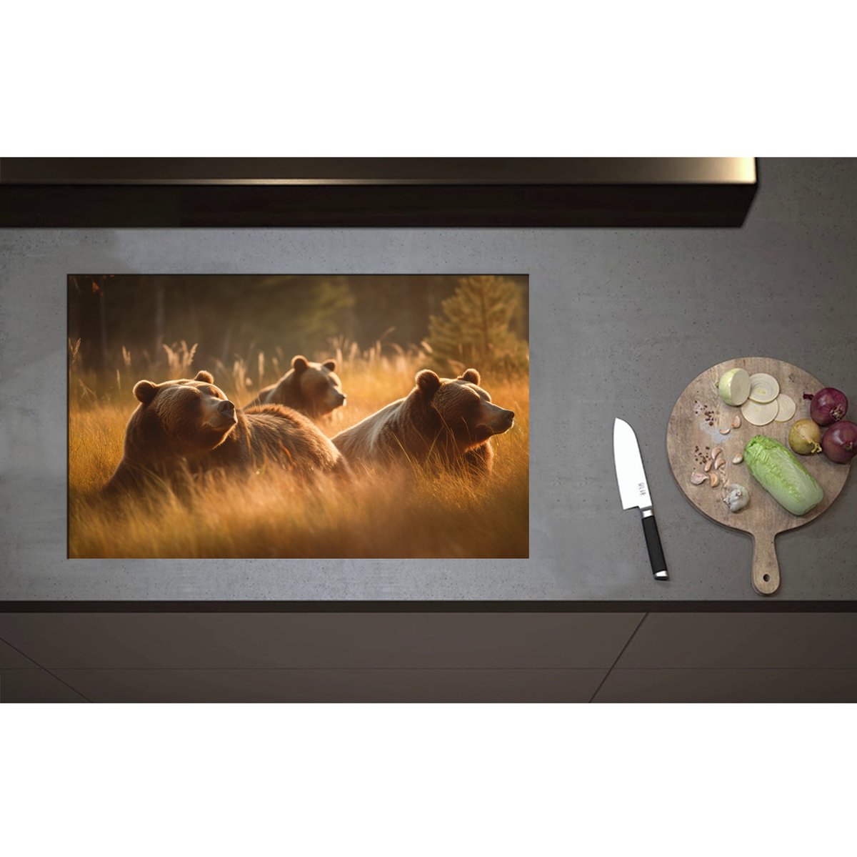 Inductieplaat Beschermer - Bruine beren in bruin gekleurd hoog gras - 80x50 cm - 2 mm Dik - Inductie Beschermer - Bescherming Inductiekookplaat - Kookplaat Beschermer van Zwart Vinyl