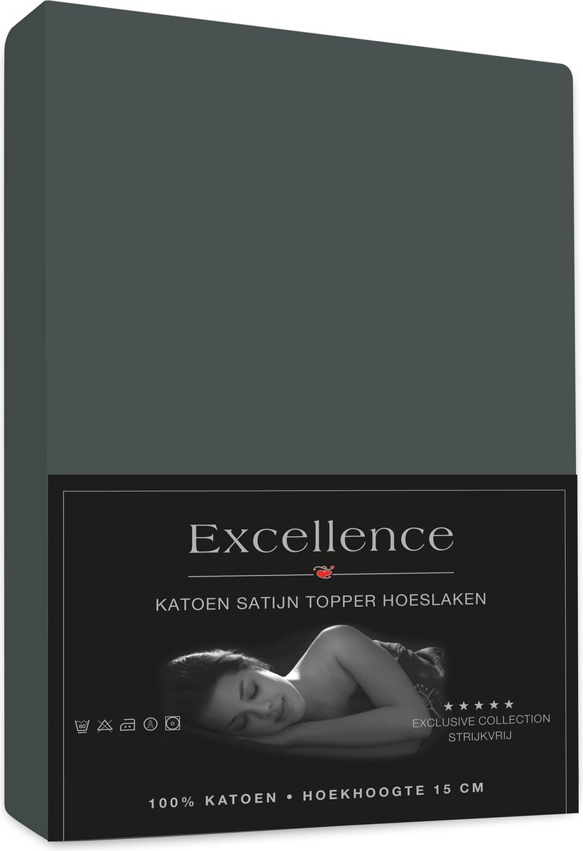 Senzatione katoen satijn Hoeslaken Topper Antraciet - 160x210+15