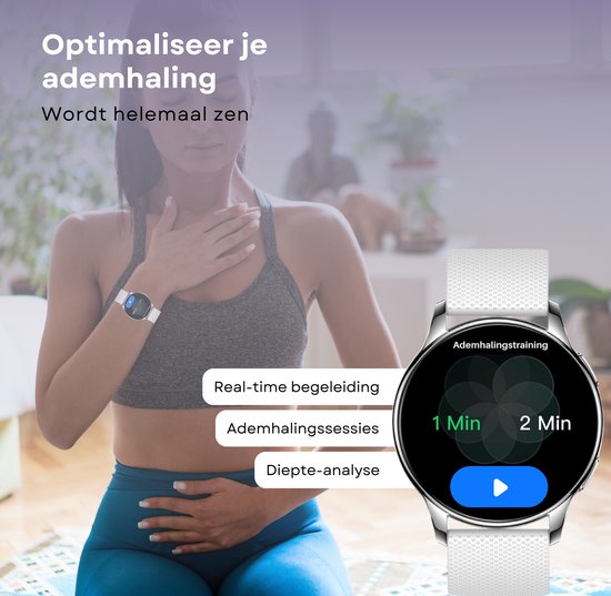 Kiraal Valencia Montre connectée AMOLED pour Femme - Bracelet en Acier Inoxydable, Cuir et Siliconen - Multisport - Moniteur de Sommeil - Podomètre - Moniteur de Fréquence Cardiaque - Compatible avec Android et iOS - Argent et Wit