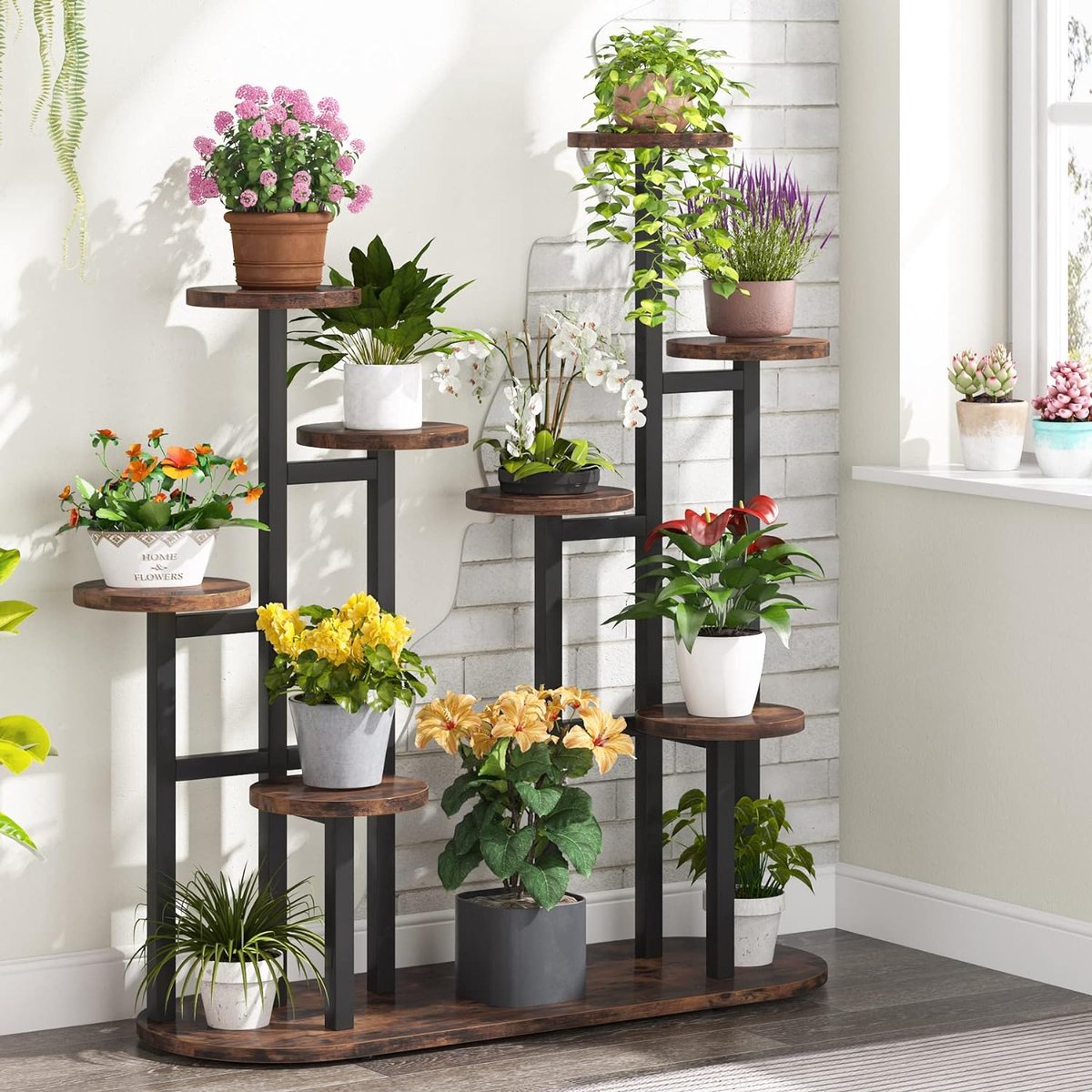TRIBESIGNS Plantenrek - Plantenstandaard - Plantentafel - Plantenrekken - Plantentafeltje voor binnen - Planten rek - Bloemenrek - Met 11 lagen - Metaal - Rustiek bruin/Zwart - 100 x 44 x 111 cm