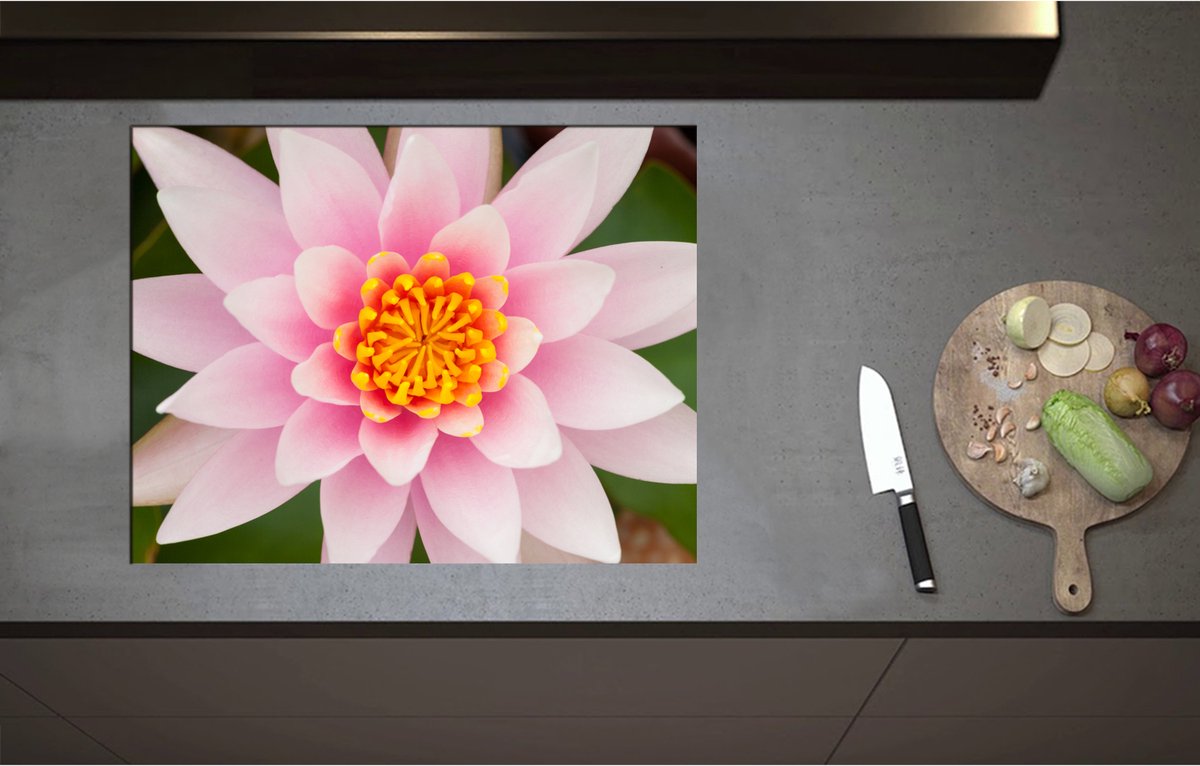 Inductieplaat Beschermer - Bovenaanzicht van Roze Lotus Bloem - 71x55 cm - 2 mm Dik - Inductie Beschermer - Bescherming Inductiekookplaat - Kookplaat Beschermer van Zwart Vinyl