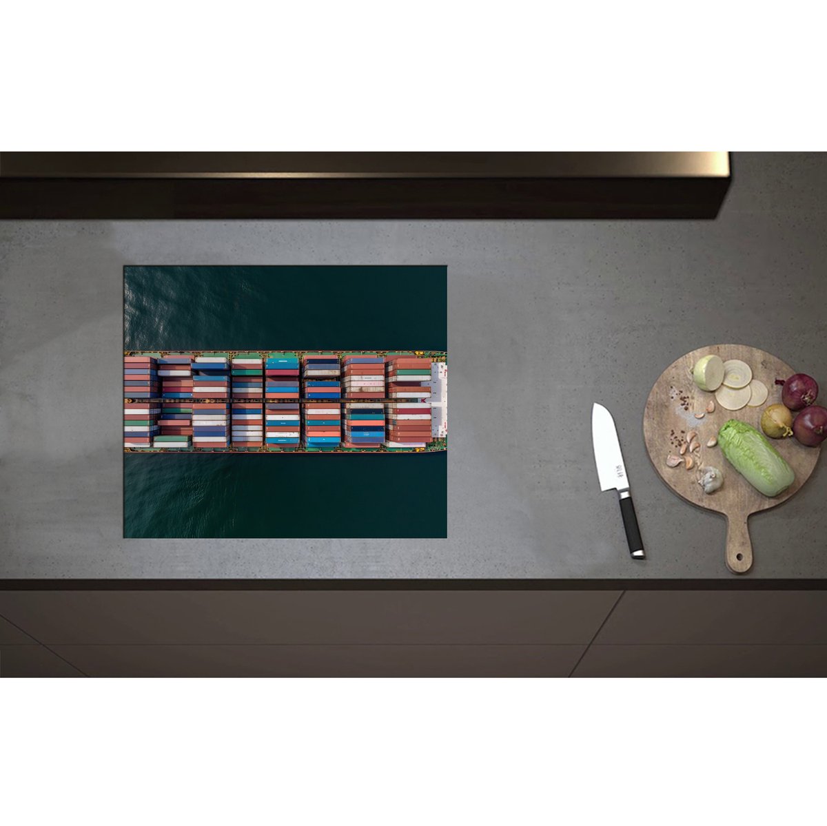 Inductieplaat Beschermer - Bovenaanzicht van Vrachtschip op Oceaan - 59x50 cm - 2 mm Dik - Inductie Beschermer - Bescherming Inductiekookplaat - Kookplaat Beschermer van Wit Vinyl