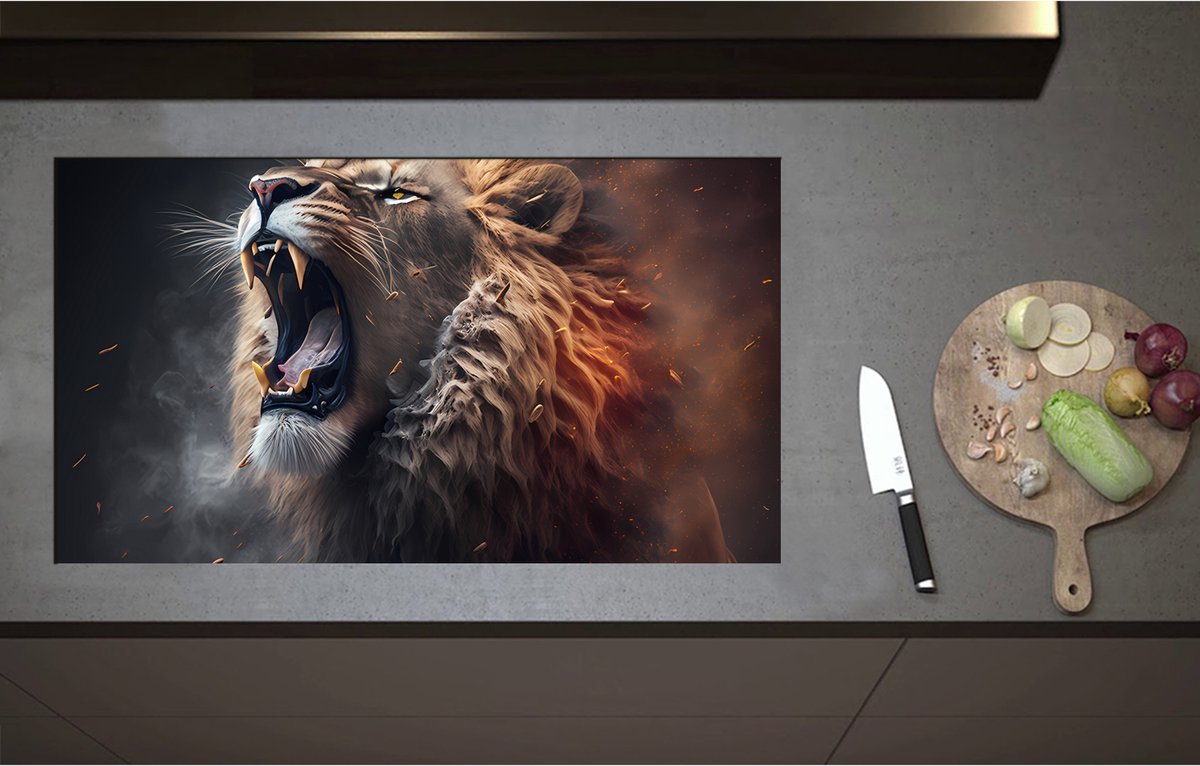 Inductieplaat Beschermer - Brullende Mannetjes Leeuw met Scherpe Tanden - 90x51 cm - 2 mm Dik - Inductie Beschermer - Bescherming Inductiekookplaat - Kookplaat Beschermer van Wit Vinyl