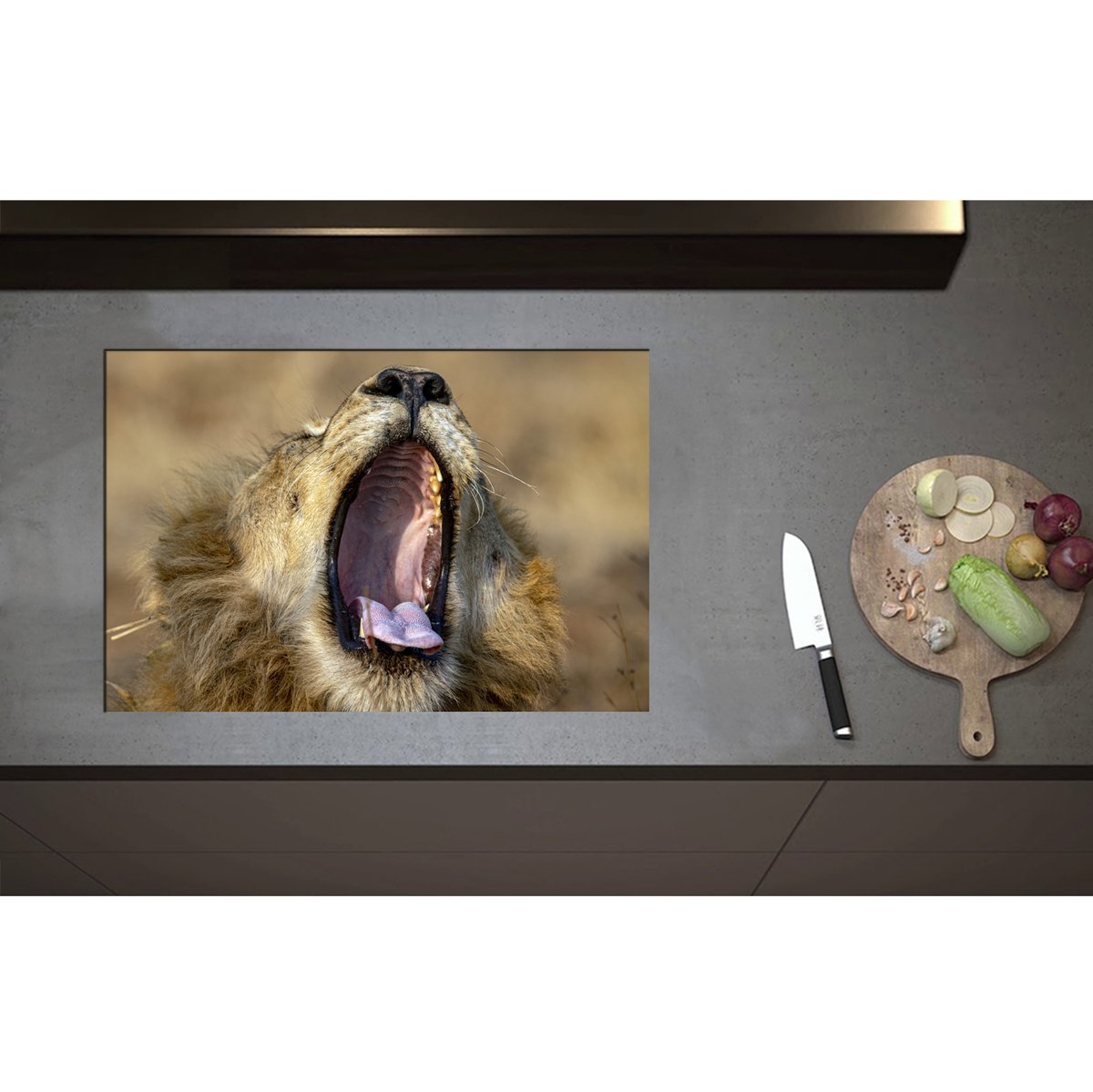 Inductieplaat Beschermer - Brullende Leeuw zonder Tanden - 75x50 cm - 2 mm Dik - Inductie Beschermer - Bescherming Inductiekookplaat - Kookplaat Beschermer van Zwart Vinyl