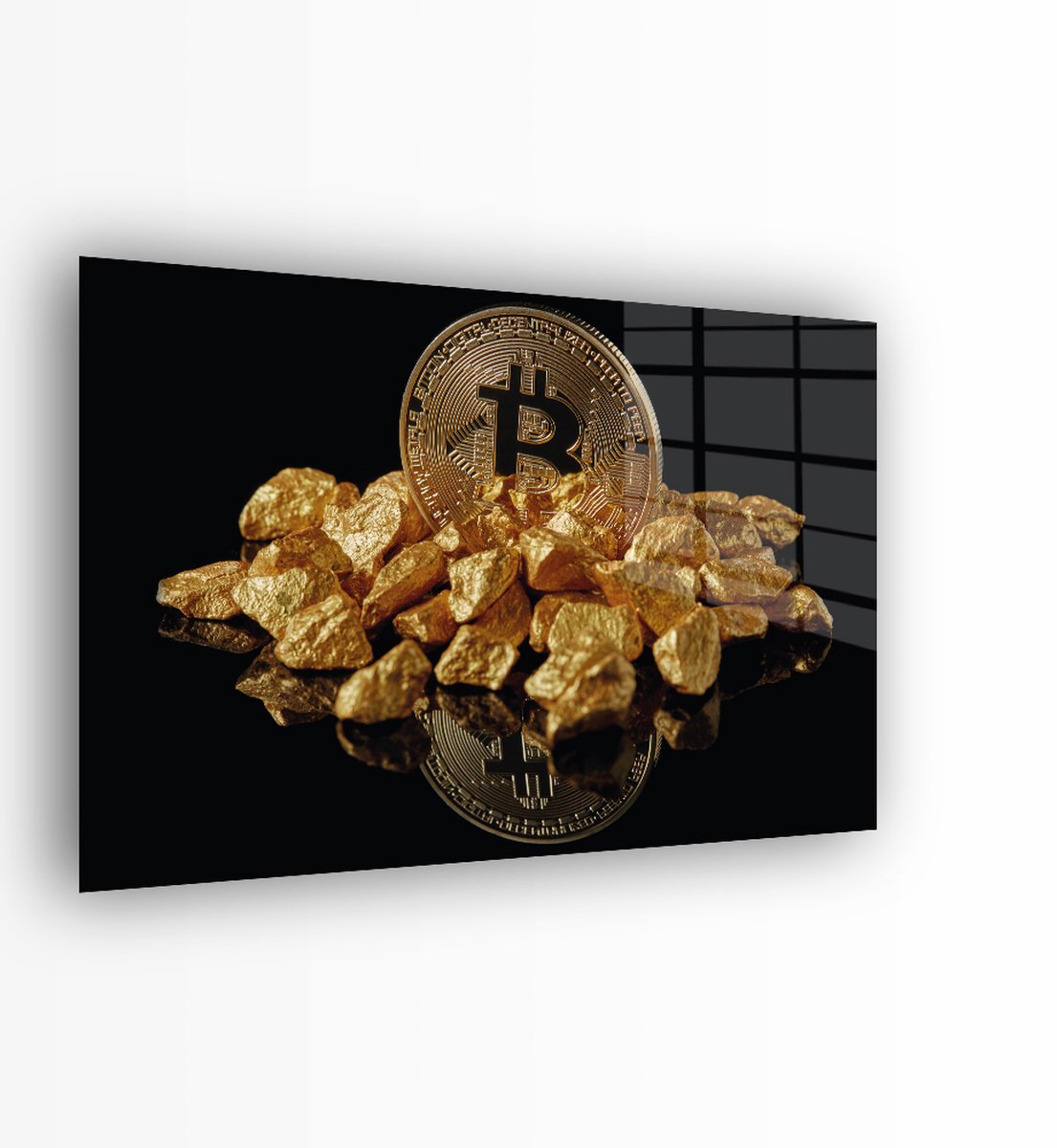 Indoorart - Glasschilderij Bitcoin Goud 60x40 CM - Afbeelding op plexiglas - Inclusief montagemateriaal