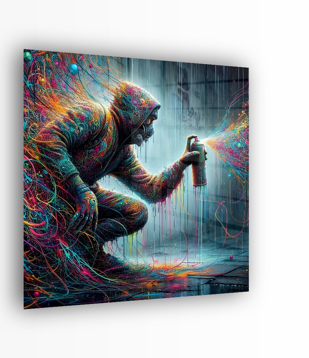 Indoorart - Glasschilderij Abstract Man Spraycan 100x100 CM - Afbeelding op plexiglas - Inclusief montagemateriaal