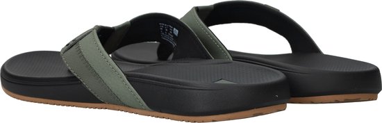 Onderkant van olijfgroene Reef slippers met zwarte zolen en bruine loopzolen.