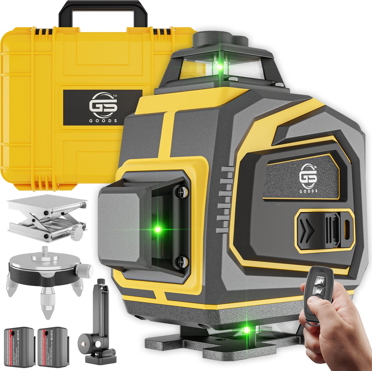 GS Goods Kruislijnlaser - Lijnlaser - Laser Waterpas - Kruislijnlaser Zelfnivellerend - 4D Kruislijnlaser met 4 tot 16 Lijnen - 50 Meter Meetbereik - 360 Graden Rotatie - Inclusief Draagkoffer