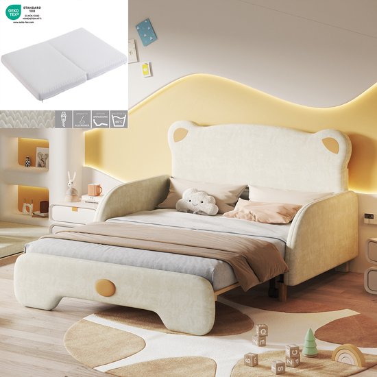 Foto: Sweiko met matras kinderbedje in berenvorm gewatteerd bed tweepersoonsbed dagbed uitschuifbaar bed met zachte beschermende randen met houten latten fluweel beige 140x110cm 140x200cm matras in witte spons