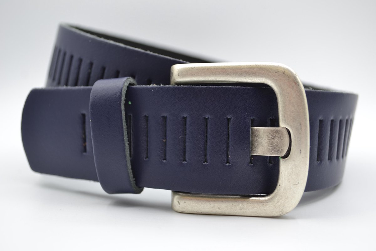 Blauwe Glad Leren Riem – Nederlands split leer - Heren Dames Unisex - Taille maat: 85 cm - Totale lengte: 100 cm - Merk: Scotts Bluf