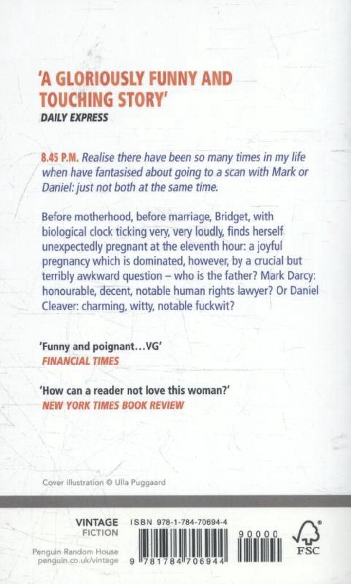 Achterkant van het boek "Bridget Jones's Baby" met recensies en boekgegevens.