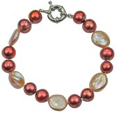 Zoetwater parel armband Red Pearl Peach Coin - echte parels - rood - zalm - oranje - zilver