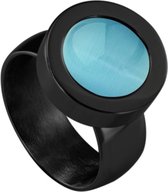 Quiges RVS Schroefsysteem Ring Zwart Glans 18mm met Verwisselbare Cat's Eye Blauw 12mm Mini Munt