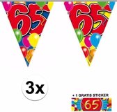 3x vlaggenlijn 65 jaar met gratis sticker