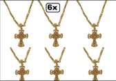 6x Ketting met kruis goud + strass stenen