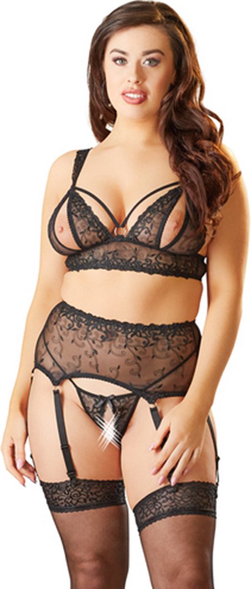 Goedkoopste Cottelli Plus Size – Jarretel Set 3 Delig met Open Cups en Kruis voor Ondeugende Slaapkamer Spellen – Maat 3XL – Zwart