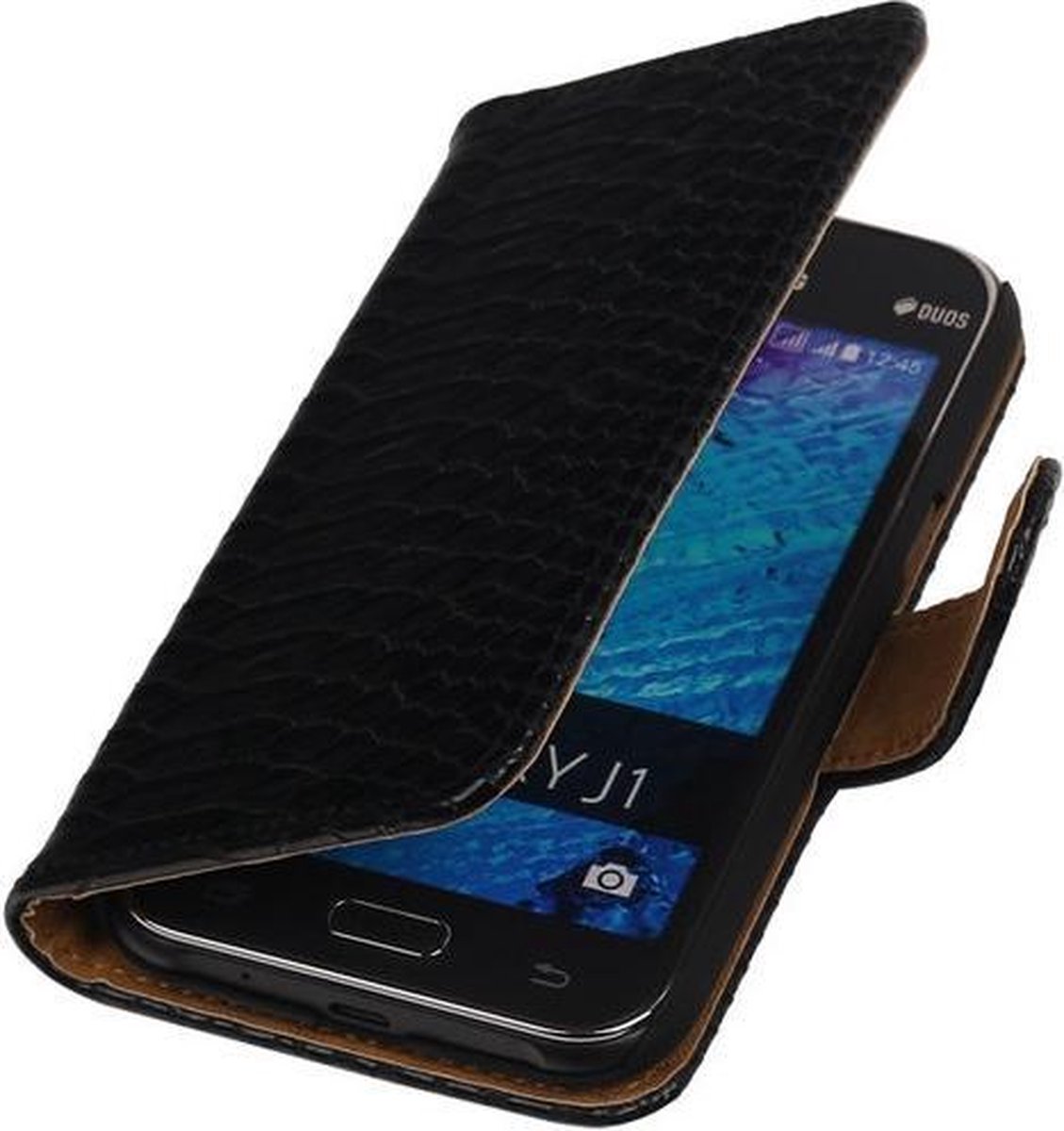 Zwart Slangen / Snake Design Book Cover Hoesje Samsung Galaxy J1 2015
